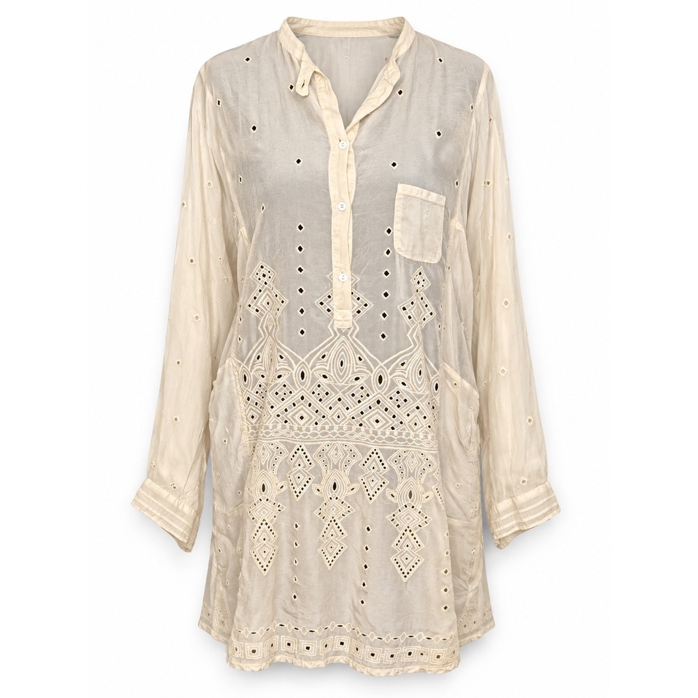 Johnny Was Tunic Dress M Cream Eyelet Boho Romantic Sheer Embroidered Cupra